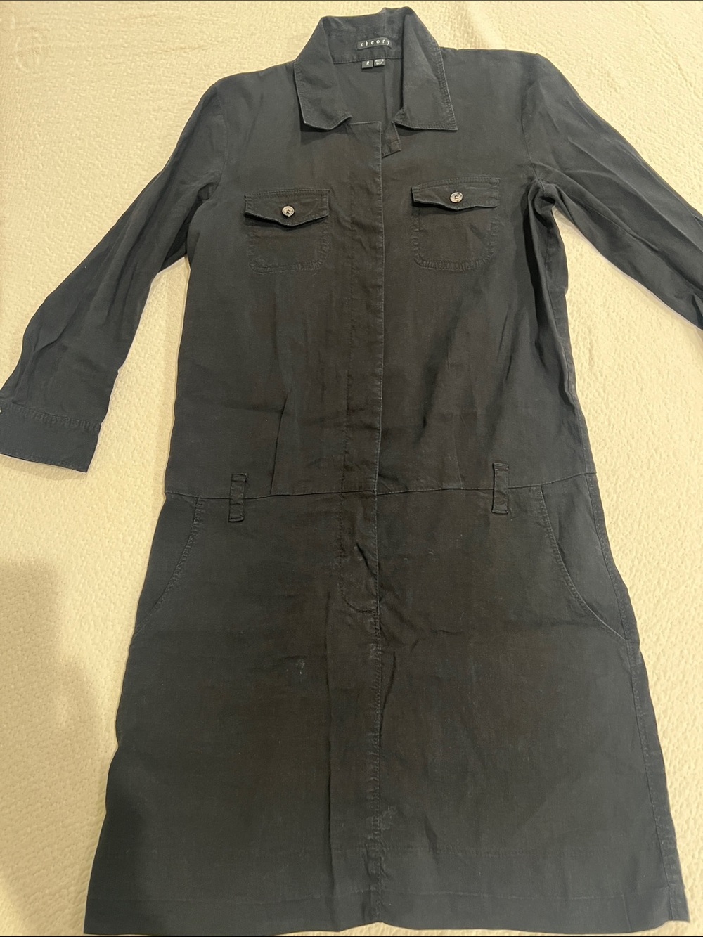 Theory Black Linen blend  Button-Front Shirt Dress